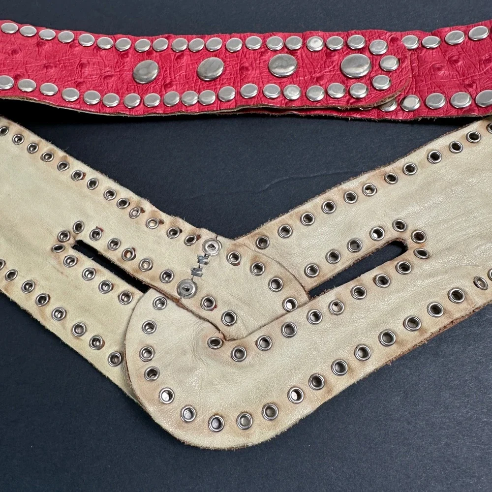Vintage Genuine Ostrich Leather Belt L Red Silver Studded Cummerbund Adjustable